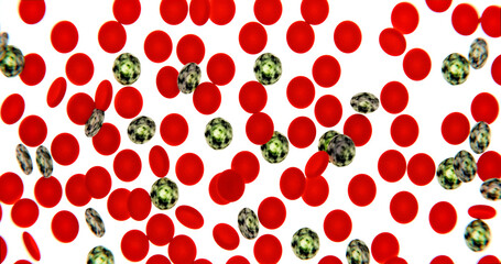 High resolution 3D rendering of infected blood cells with pathogens, red blood cells and green microorganisms isolated on white background, medical scientific visualization for infection and disease