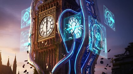 Futuristic London: Big Ben's Tech Transformation and Digital Evolution,  time Travel Vision - Powered by Adobe