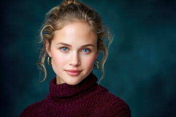 Portrait of a Young Woman with Blue Eyes and Blonde Hair Wearing a Burgundy Sweater.