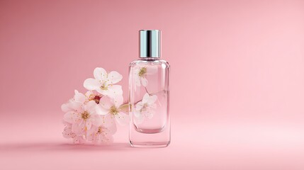 Pink glass bottle with cherry blossoms on a white background – this model template has a clear glass cosmetic bottle with white blank space for product display or advertising design.