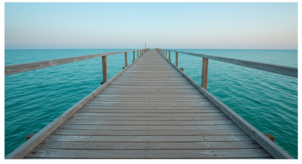 Fototapeta premium Wooden pier extends over the tranquil turquoise ocean, leading the viewer's eye towards the horizon where the sky transitions from blue to a soft, calming hue.