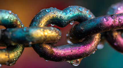 Colorful rusty metal chain broken hearted bound and secured entwine in chain. Unbreakable metal heart possessiveness marital interlock, freedom in Christ. 