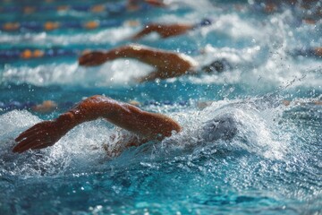 Lap Swim. Athletic Swimmers Competing in Freestyle Race