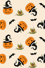 Seamless vector pattern. Halloween. Cute pumpkins, mushrooms and bats. For packaging, background, textile