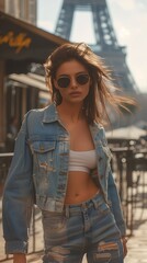 photo-realistic image of a stylish brunette top model with silky hair, wearing glamorous sunglasses, confidently posing on a wooden dock in front of a serene lake and an old wooden cabin