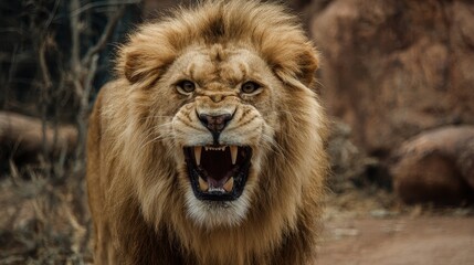 Obraz premium Lion Mouth Open. Adult Lion Roaring and Displaying Aggressive Fangs in the Wild