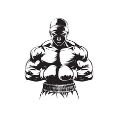 Hand-drawn sketch vector illustration of a muscular boxer athlete flexing his muscles.