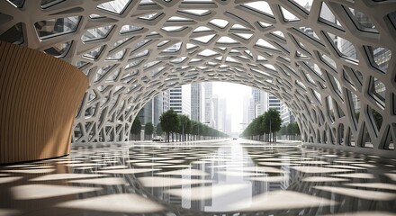 Obraz premium Futuristic Tunnel Architecture with Geometric Design and Cityscape Urban Structure