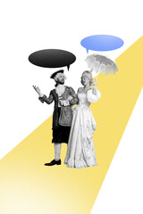 Banner image zine art pop trend collage of two happy count duchess stand parasol historic aristocratic period bubble communication