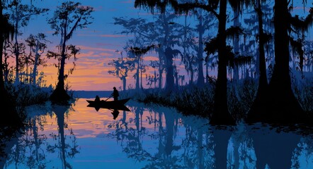 Louisiana Bayou at Sunset: Silhouettes, Boats, and Coastal Exploration