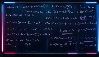 A digital chalkboard displays complex mathematical equations and calculations, illuminated by neon pink and blue borders.