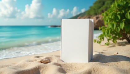 Blank white book cover mockup on sandy beach next to turquoise ocean waves. Tropical island scene with green foliage, blue sky, soft clouds. Copy space for text, promotion, vacation learning.