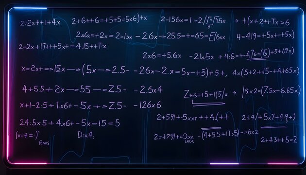 A digital chalkboard displays complex mathematical equations and calculations, illuminated by neon pink and blue borders.