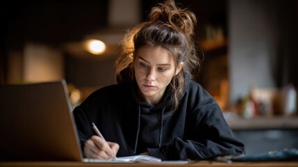Young woman studying at home with laptop and notebook in a cozy modern kitchen.