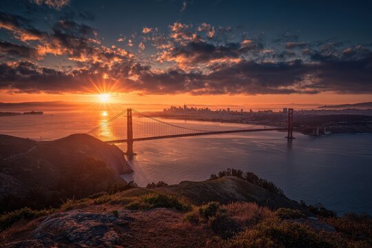 Marin County California. Sunrise over the Golden Gate Bridge with Bay Area Architecture