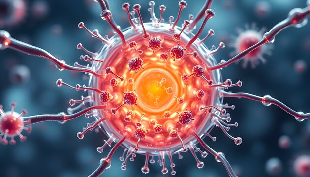 Microscopic view of a virus cell with spikes, glowing orange core, and a blurred blue background.