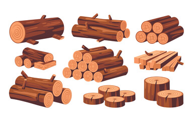 Cartoon Wood Logs Pile Illustration Vector Set for Lumberjack Industry and Firewood Stockpiling Needs