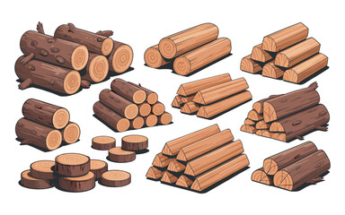 Pile of Wood Logs and Slices Vector Illustration for Forestry Industry and Firewood Supply with Natural Texture