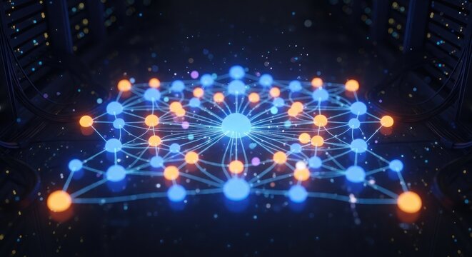 Glowing network of interconnected nodes in a dark, futuristic environment