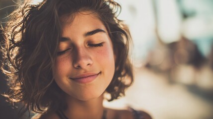 Fototapeta premium Close-up of a Young Woman with Curly Hair Smiling with Eyes Closed in Natural Light.