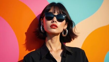 Stylish Asian woman with sunglasses, hoop earrings, vibrant makeup poses confidently. Wears black collared shirt against colorful abstract background of pink, orange, teal. Modern fashion, summer
