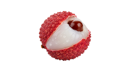 Lychee fruit is partially peeled open, revealing the flesh and dark brown seed, set against a isolated background.