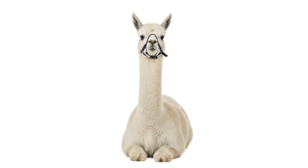 Lying alpaca gazes directly at the camera while wearing a dark blue halter. - high quality Lying alpaca gazes directly at the camera while wearing a d