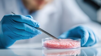 Scientist examining cultured meat sample in petri dish with tweezers in laboratory