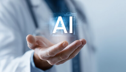 Doctor's hand holding a glowing digital ai icon with the text AI over a white background