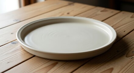 Neutral-toned ceramic dish resting on a weathered wood table surface