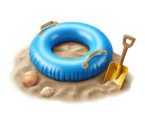 Blue swim ring, yellow plastic spade, seashell, and sand create playful summer beach scene perfect for children outdoor activities and joyful vacation moments