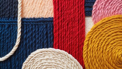 Abstract textile art vibrant threads in modern design. Features warm colors, intricate patterns, diverse textures like knit, rope. Perfect for home decor, crafts, contemporary art inspiration.