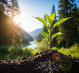Young plant sprouting from soil with green leaves under bright sunlight in the garden