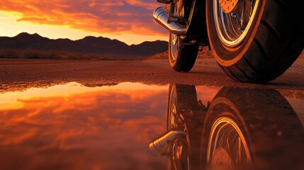 A motorcycle chrome exhaust pipe reflecting a desert highway at sunset.