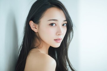 Naklejka premium Young Asian woman with long dark hair and clear skin posing indoors near window.