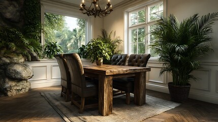 A realistic high-definition photo of a classic dining room with wainscoting and chandelier.