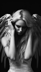 A holy girl with angel wings prays sadly in a church.