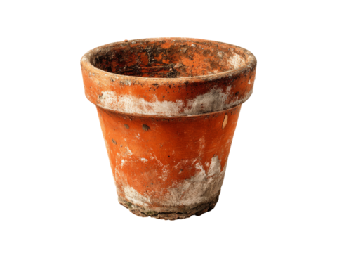 Old terracotta flower pot weathered and worn, Isolated On White Background, Png Transparent