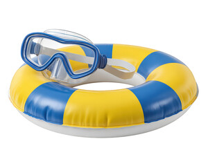 Yellow blue swim ring with snorkeling mask, perfect for seaside fun, summer vacation, and water activities, evokes excitement and adventure for children or adults at beach or pool