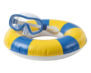 Yellow blue swim ring with snorkeling mask, perfect for seaside fun, summer vacation, and water activities, evokes excitement and adventure for children or adults at beach or pool