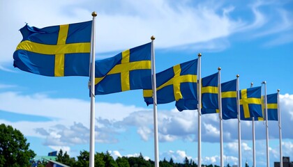 Rows of Swedish flags fluttering on tall flagpoles beneath a partly cloudy sky, symbolizing national pride, unity, and celebration.