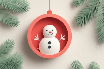 Charming snowman ornament hanging amid green pine branches for festive holiday decor