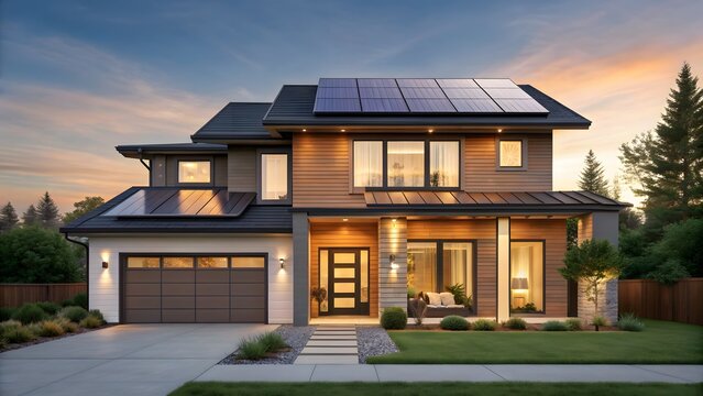 Modern luxury home with solar panels at dusk with warm exterior lighting