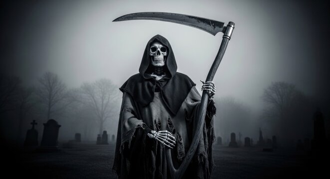 Grim Reaper in graveyard, hooded skeleton with scythe in fog