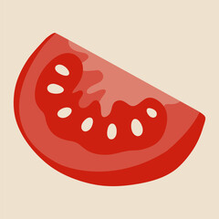 Red tomato. Ripe juicy tomato slice, cutted piece with seeds, cartoon fresh farm garden vegetable, organic vegetarian food, flat ketchup product. Vector illustration