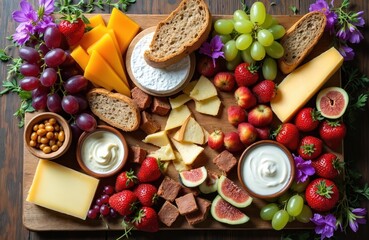 Elegant charcuterie board features assorted cheeses, fresh fruits like strawberries, grapes, peaches, figs, with artisan bread, creamy dips. Appetizing rustic display bursts with vibrant colors,