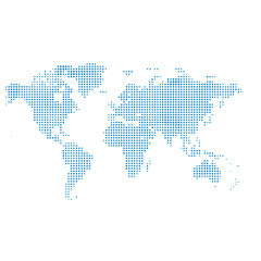 Fototapeta premium Abstract digital world map made of blue circles, global network, technology, data, and international communication concept.