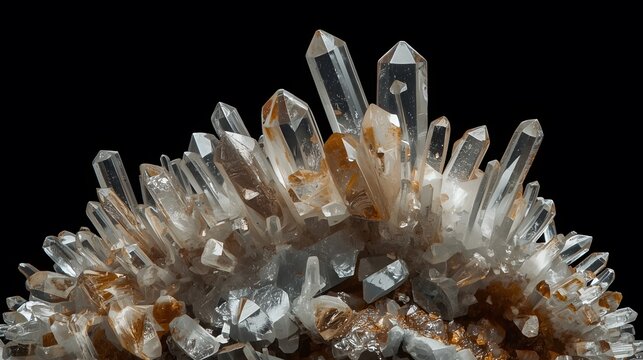 A stunning macro shot of a natural quartz crystal cluster with clear and golden-tinted points. Isolated on a pure black background for dramatic effect