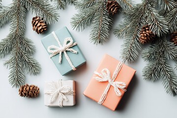 Colorful gift boxes surrounded by pine branches and cones during the holiday season