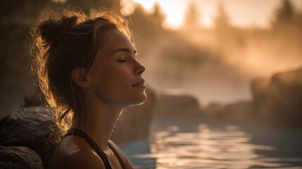 Woman relaxing in hot spring bath outdoor with steam and natural rocky surroundings at sunset.